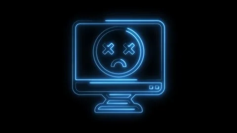 Glowing neon computer screen displays error message sad face and cross eyes on Stock Footage 322971327