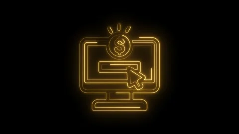 Glowing neon computer screen with dollar coin and cursor icon symbolizing online Stock Footage 333958365