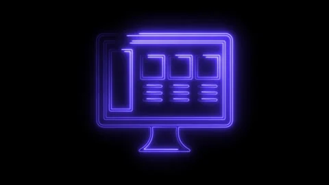 Glowing neon computer screen with webpage layout animation on black backgroun Stock Footage 308903269