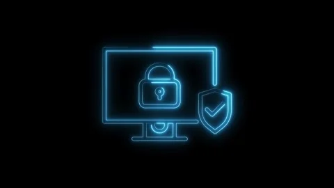 Glowing Neon Computer Security Icon Lock Shield Checkmark Isolated Black Ba.. Stock Footage 315654346