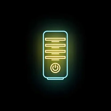 Glowing neon computer tower with power button symbol 스톡 일러스트