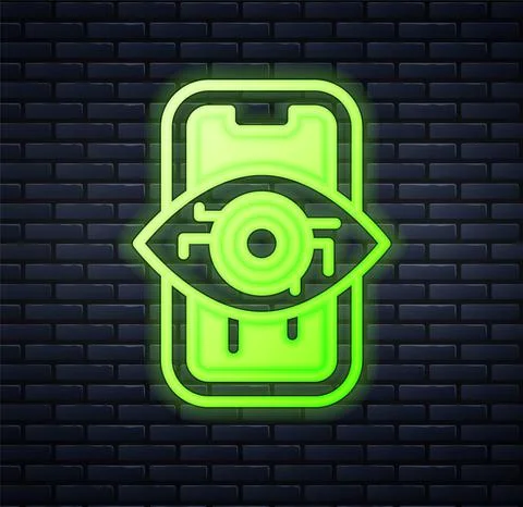 Glowing neon Computer vision icon isolated on brick wall background. Technical Stock Illustration