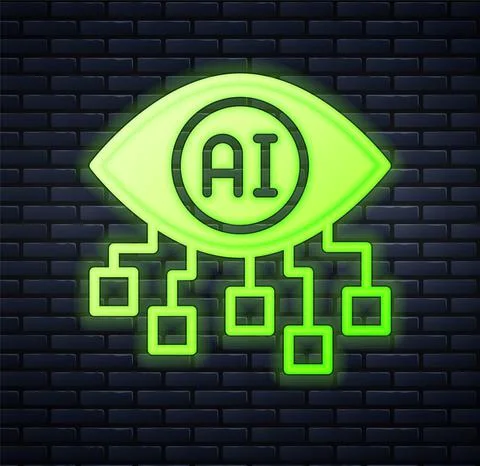 Glowing neon Computer vision icon isolated on brick wall background. Technical Stock Illustration