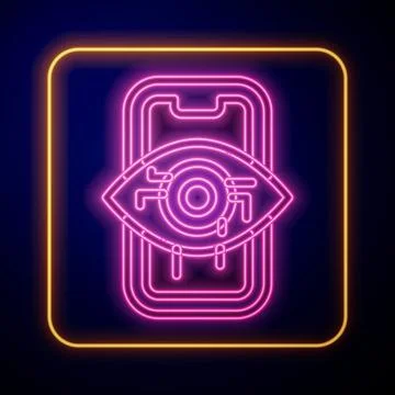 Glowing neon Computer vision icon isolated on black background. Technical vision Stock Illustration