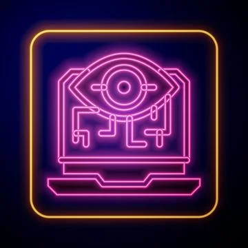 Glowing neon Computer vision icon isolated on black background. Technical vision Stock Illustration