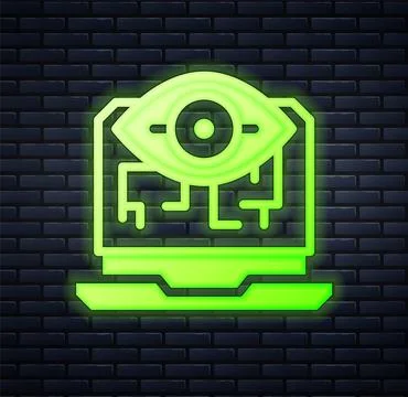 Glowing neon Computer vision icon isolated on brick wall background. Technical Stock Illustration