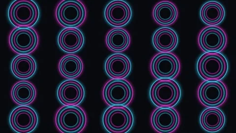 Glowing neon concentric circles array repeating pattern against deep black Vídeo Stock 345315580