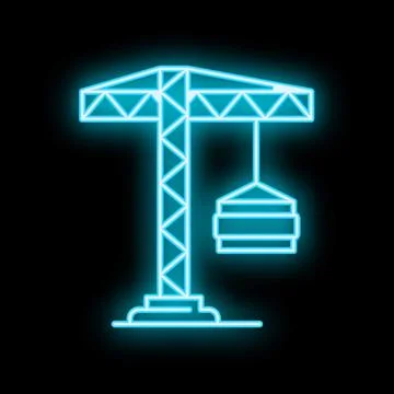 Glowing neon construction crane lifting concrete slab on black background Ilustración de archivo
