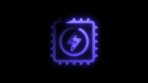 Glowing neon cpu chip with lightning symbol on black background animation Stock Footage 314542232