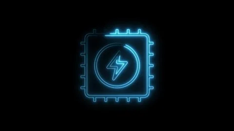 Glowing neon cpu lightning bolt animation on black background represents te.. Stock Footage 314542235