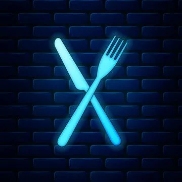 Glowing neon Crossed fork and knife icon isolated on brick wall background Stock Illustration