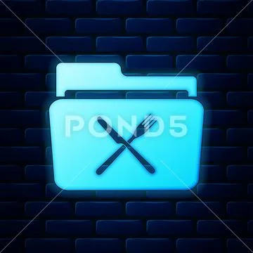 Glowing neon Crossed fork and knife over folder icon isolated on brick ...