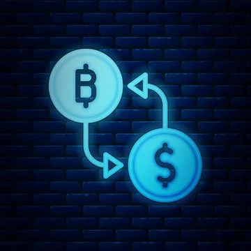 Glowing neon Cryptocurrency exchange icon isolated on brick wall background Stock Illustration