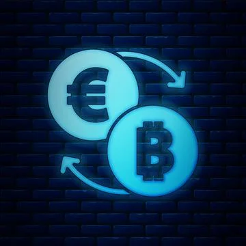 Glowing neon Cryptocurrency exchange icon isolated on brick wall background Stock Illustration