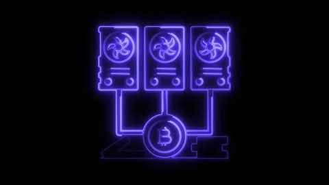 Glowing neon cryptocurrency mining rig icon with bitcoin symbol and fans on.. 動画素材 314709596