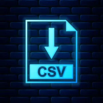 Glowing neon CSV file document icon. Download CSV button icon isolated on brick Stock Illustration