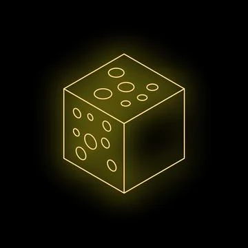 Glowing neon cube with holes representing abstract cheese on black background Stockillustratie