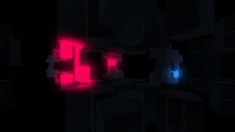 Glowing Neon Cubes in Dark Voxel Space Abstract 3D Blocks Loop Stock Footage 342652503