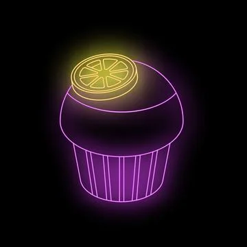 Glowing neon cupcake with lemon slice on dark background Stock Illustration