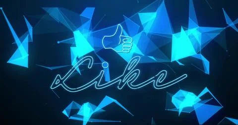 Glowing neon cursive Like and thumbs-up icon floating in dark digital art, with Stock Illustration