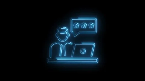 Glowing neon customer feedback icon animation featuring a person with laptop and Stock Footage 330772623
