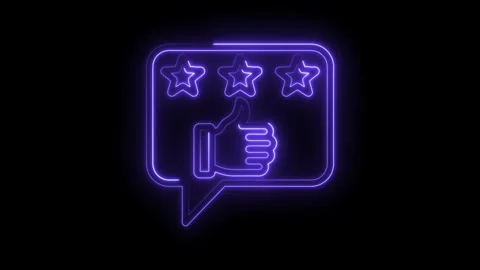 Glowing neon customer feedback with thumbs up and stars against black background Stock Footage 330777465