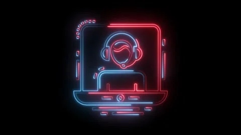 Glowing neon customer support icon animation on black background for technology Stock Footage 322989900