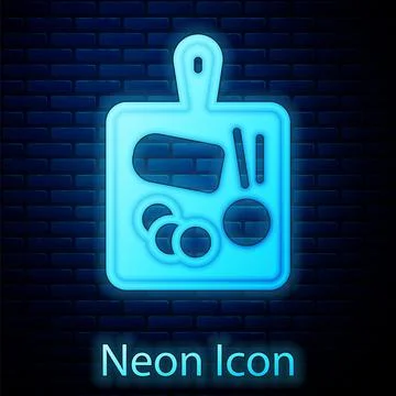 Glowing neon Cutting board icon isolated on brick wall background. Chopping Stock Illustration