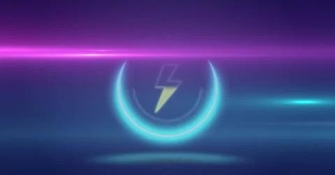 Glowing neon cyan crescent ring hovering on futuristic stage, with pale yellow Illustrazione stock