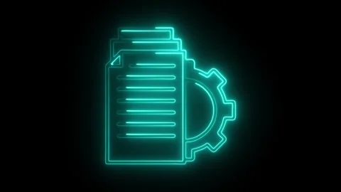 Glowing neon cyan document and gear icon on black background representing d.. Stock Footage 314712599