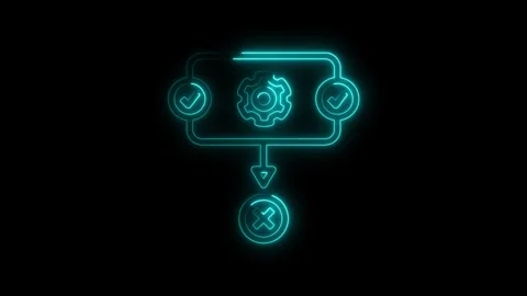 Glowing Neon Cyan Workflow Process Icon with Gear Checkmarks and Red X Symb.. Stock Footage 314699578