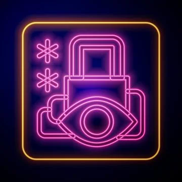 Glowing neon Cyber security icon isolated on black background. Closed padlock on Stock Illustration