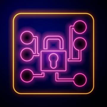 Glowing neon Cyber security icon isolated on black background. Closed padlock on Illustrazione stock