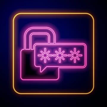 Glowing neon Cyber security icon isolated on black background. Closed padlock on Stock Illustration