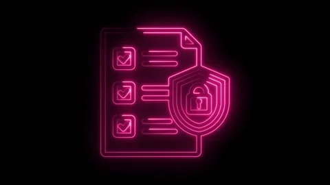 Glowing neon cybersecurity compliance checklist and shield protecting data pink Stock Footage 330784993