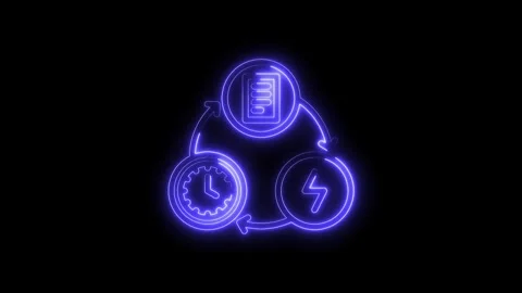 Glowing neon cycle process with time,document,and power icons on black back.. Stock Footage 316840058