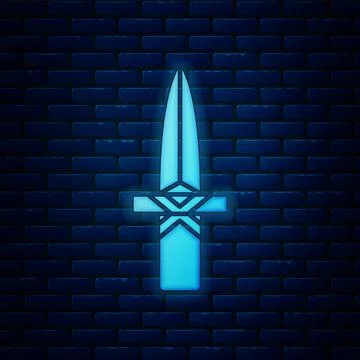 Glowing neon Dagger icon isolated on brick wall background. Knife icon. Sword Stock Illustration