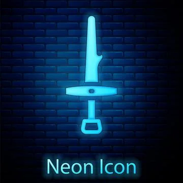 Glowing neon Dagger icon isolated on brick wall background. Knife icon. Sword Stock Illustration