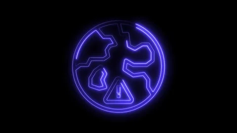 Glowing neon damaged earth warning icon on black background for digital Stock Footage 322971196