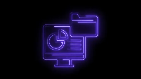 Glowing neon data analysis display showing chart and folder on black background Stock Footage 322974951
