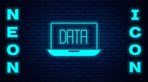 Glowing neon Data analysis icon isolated on brick wall background. Business.. Stock Illustration