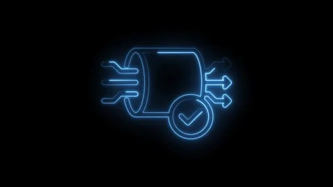 Glowing neon data flow with check mark showing correct data processing on b.. Stock Footage 346003072