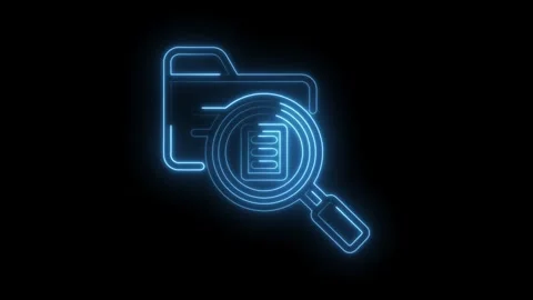 Glowing neon data folder search icon animation on dark background for technology Stock Footage 330781761