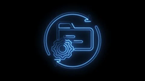 Glowing neon data processing animation with rotating arrows on a black back.. Stock Footage 346002291