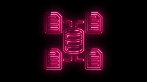 Glowing neon database server connected to multiple files digital data storage Stock Footage 346001530