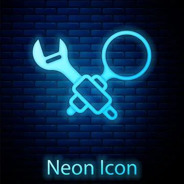 Glowing neon Debugging icon isolated on brick wall background. Debugging tool イラスト素材