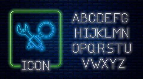 Glowing neon Debugging icon isolated on brick wall background. Debugging tool イラスト素材