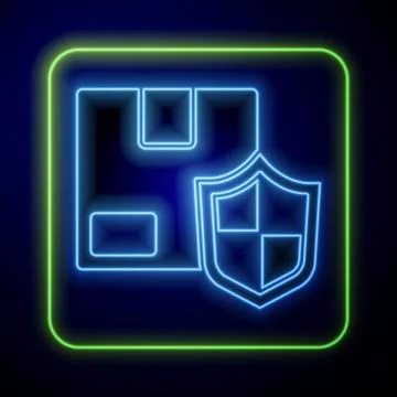 Glowing neon Delivery security with shield icon isolated on blue background 스톡 일러스트
