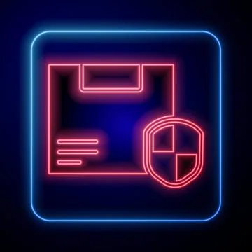 Glowing neon Delivery security with shield icon isolated on blue background Stock Illustration
