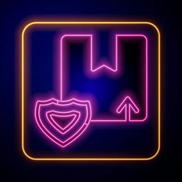Glowing neon Delivery security with shield icon isolated on black background Stock Illustration